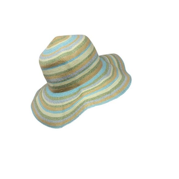 Flora Bella Pastel Floppy Wide Brim Straw Beach Sun Hat Blue Green Striped - Picture 7 of 8